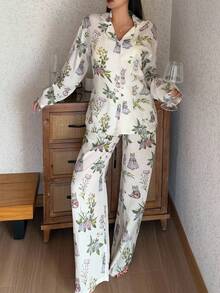 DAZY 猫咪与花卉印花全印花女士睡衣套装，秋冬服装 - 白色 - 查看 3