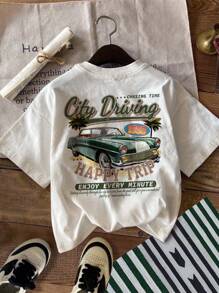 SHEIN ModeFlare Wear Young Boy Casual Minimalist Car Graphic Round Neck Short Sleeve T-Shirt, Suitable For Summer, Contains Cotton