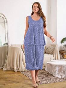 Serenescape 加大码柔软凉爽碎花休闲睡衣套装，亲肤，服装 - 藍色 - 查看 4