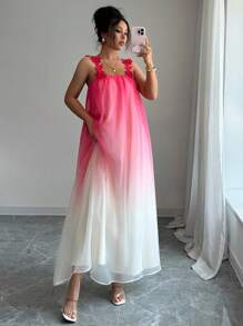 Elenzga Vestido de tirantes de encaje de estilo de vacaciones con degradado de colores para mujer - Multicolor - Ver 5