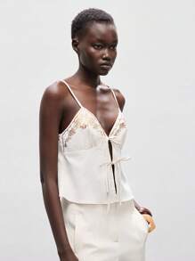 Lumivelle Women's Apricot Spaghetti Strap Bralette Cami Top Featuring An Alluring Knot Front And Elegant Embroidered Details. This Regular Length, Top Is Ideal For Stylish Party Wear. Clothes For University - Apricot - View 4