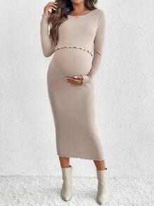 SHEIN 孕妇杏色圆领长袖修身优雅哺乳连衣裙，女士秋季连衣裙外出连衣裙裹身裙秋季连衣裙秋季连衣裙秋季女装 Felpa 秋季女装秋季米色 - 卡其色 - 查看 3