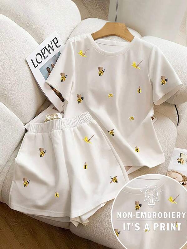 2 pezzi Set casual da donna composto da pantaloncini corti a girocollo e pantaloncini a forma di beeernern
