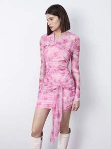 Maija Váy bó sát cơ thể xếp nếp in họa tiết hoa nhuộm loang mùa xuân cho nữ, màu hồng, thường ngày, thích hợp cho lễ hội ngày lễ tình nhân - Hồng - Xem 7