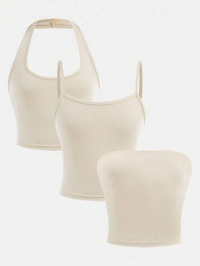 SHEIN Girlism 青少年女孩 3 件套：吊带背心、短款上衣和细肩带背心 抹胸套装 无袖上衣套装 无袖短款上衣