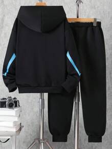 2pcs/Set Teen Outdoor Casual Sports BOSTON Letter & Lightning Graphic Hoodie Sweatshirt + Sweatpants Set, Autumn/Winter Fall