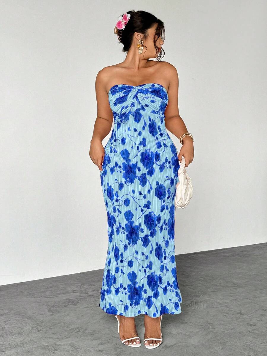 Firerie Váy maxi xếp ly lãng mạn thanh lịch cỡ lớn dành cho nữ, họa tiết hoa ombre, dáng chữ A, váy cưới bãi biển dáng chữ A bồng bềnh, váy mùa hè phong cách boho - Màu xanh lam - Xem 1