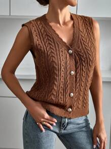 EURMUSE Women Button Front Cable Knit Sweater Vest - Brown - View 3