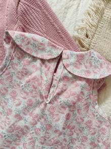 Vintaside Kids Baby Girls' Pink Sweet Ditsy Floral Collared Sleeveless Dress With Pink Knitted Long Sleeve Cardigan Outfit Set, Soft Silhouette Showcasing Girly Gentle Elegant. Suitable For Outing, Leisure At Home, And Attending Parties, Let The Little Girl Shine With Sweet Charm In Spring And Autumn Seasons. Fall Winter - Multicolor - View 4