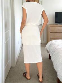 Easowa 女士 2 件套休闲纯色纹理 T 恤裙套装，春夏日常基本款两件套女士度假装女士短款上衣套装