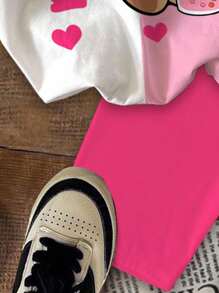SHEIN Leap Crew 2 件套青少年女孩休闲可爱卡通水豚、蝴蝶结、草莓色拼布短袖宽松 T 恤和紧身裤夏季服装，适合青少年女孩服装、返校服装 - 彩色 - 查看 7