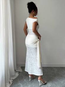 Elenzga Women's Off Shoulder Lace Patchwork Sheer Backless Tie-Up Ruched Dress, Waist-Cinching & Slimming