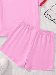SHEIN Tween Girls Casual Simple Short Sleeve Shorts 2 Pieces Set, Suitable For Summer Cherry Outfit Cherry Shorts Set Girls Cherry Top Cherry T Shirt Pink Cherry Set