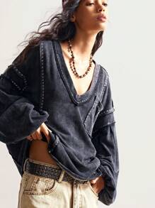 Bohemela Áo thun dệt kim tay dài cổ chữ V màu trơn phong cách Boho dành cho nữ, mùa thu/đông - màu đen - Xem 3
