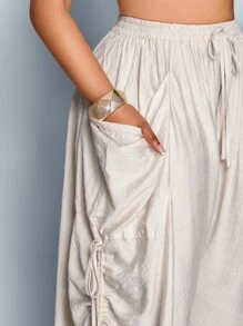 SOLERSUN 大码女式纯色褶皱抽绳腰休闲宽松阔腿裤，各种设计和时尚感裤子，配有大口袋，简单百搭的裤子，适合音乐会、圣诞节、万圣节、新年、浪漫约会、日常穿着裤子，适合秋季、冬季、所有季节 - 杏色 - 查看 7