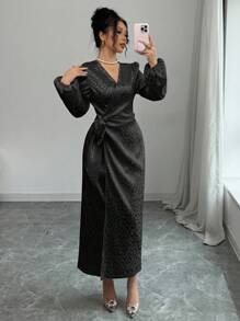 Modelyn 女式优雅束腰紧身花卉印花连衣裙，春夏 - 黑色 - 查看 4