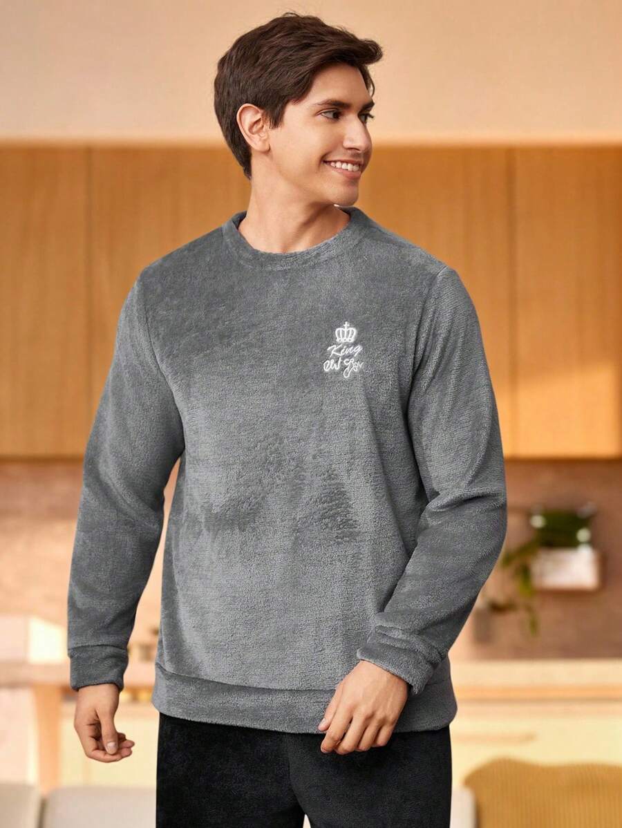 Men's Letter Crown Embroidery Fleece Lounge Top Cozy And Elegant Details, For Fall Winter, Fluffy - Grey - View 1