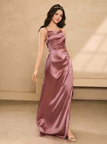 Vestido largo con abertura, cintura plisada de satén para bodas y Halloween, vestido formal para baile de graduación, fiesta de cumpleaños para adolescentes y niñas