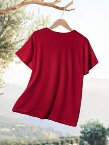 Rusticease Plus Size Women Summer Solid Color V-Neck Raglan Sleeve Short Sleeve Loose Casual T-Shirt