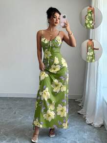 Elenzga Women's Elegant & Charming Romantic Vintage Casual Comfortable Music Festival Holiday Sleeveless Floral Print Satin Maxi Dress With Waist Cinching (Assorted Floral Print)