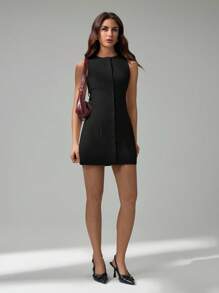 SHEIN Tall Women Solid Color Round Neck Elegant Sleeveless Mini Dress Black Sleeveless Dress - Black - View 2