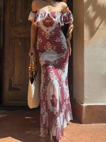 Sunnyshic Elegant Floral Print Off Shoulder Dress For Vacation - Multicolor - View 7