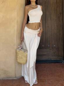 SHEIN Unity 2 件套单肩短款上衣和中长裙套装 - 杏色 - 查看 5