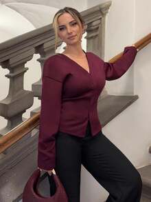 Jeta Ari 女式时尚法式复古 V 领插肩袖酒红色针织衬衫 - 酒紅色 - 查看 1