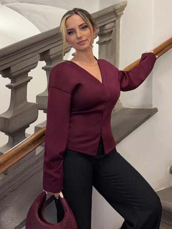 Jeta Ari Moderiktiga franska damer med V-ringad raglanärm Burgundy stickad blus