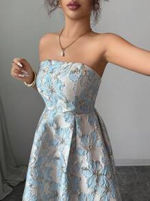 Elenzga Vestido de verano elegante de longitud media con estampado jacquard y escote bandera para mujer
