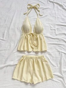 Soleia 女士度假时尚经典豹纹V领露背性感背心和宽松超短裤2件套，适合约会、派对、都市街头度假黄色两件套夏季两件套女士夏季套装露背上衣两件套女士夏季短裤套装 - 黃色 - 查看 5