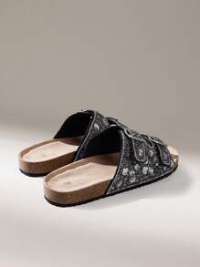 Solecia Sandalias planas con decoración de rhinestones para mujeres en verano - Negro - Ver 3