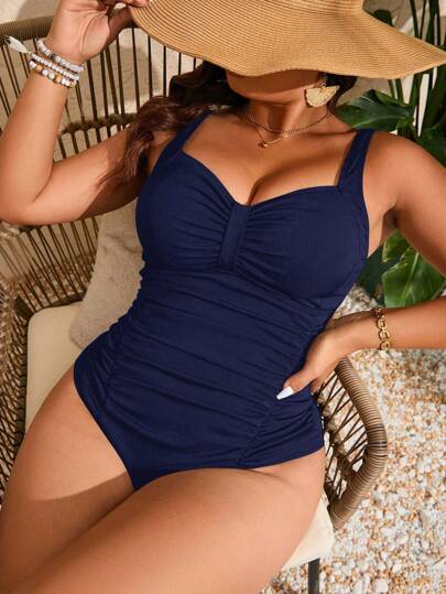 Swim Lushoire 2025 Plus Size Women Solid Color Ruched One-Piece Swimsuit For Summer Beach Vacation
