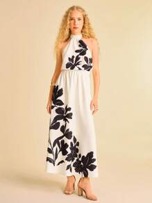 CAJUNI Vestido largo de mujer con estampado floral blanco y negro, cuello halter, sin mangas, cintura anudada y silueta evasé, adecuado para vacaciones, vestidos elegantes para mujer, vestidos de otoño, vestidos casuales para mujer, vestido de vacaciones, vestidos florales para mujer - Multicolor - Ver 1