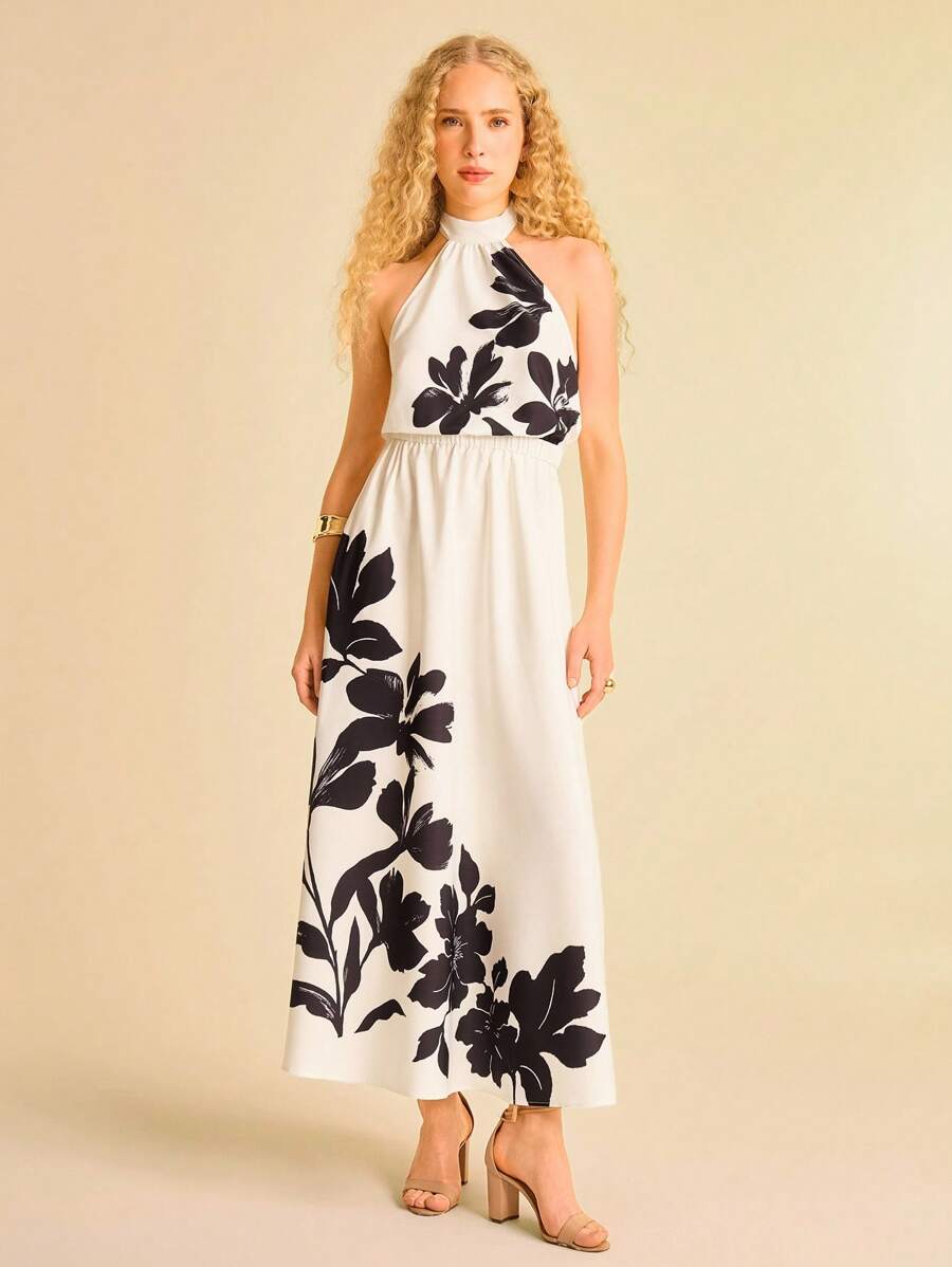 CAJUNI Vestido largo de mujer con estampado floral blanco y negro, cuello halter, sin mangas, cintura anudada y silueta evasé, adecuado para vacaciones, vestidos elegantes para mujer, vestidos de otoño, vestidos casuales para mujer, vestido de vacaciones, vestidos florales para mujer - Multicolor - Ver 1