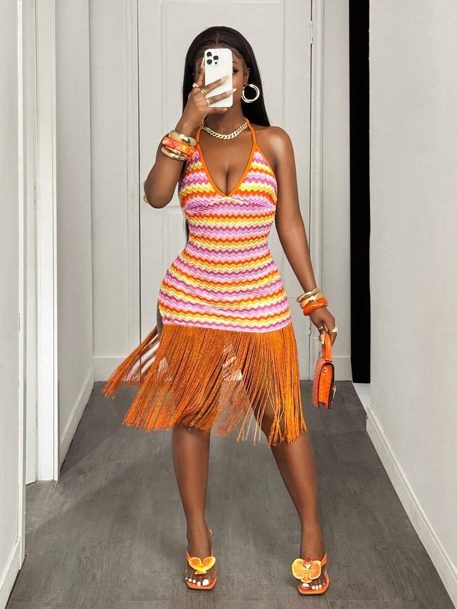 BamGleam SummerHoliday  Women's Wave Striped Deep V-Neck Crochet Tassel Dress - Multicolor - View 1