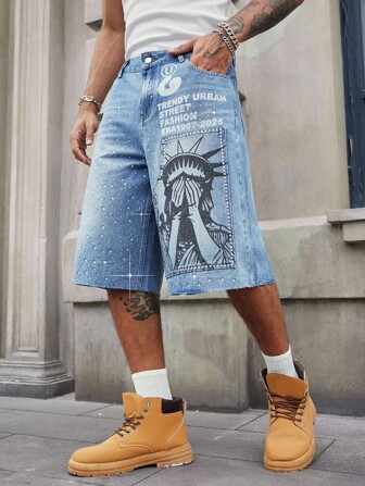 Street Life Pantalones cortos de mezclilla holgados con estampado de diamantes para hombres