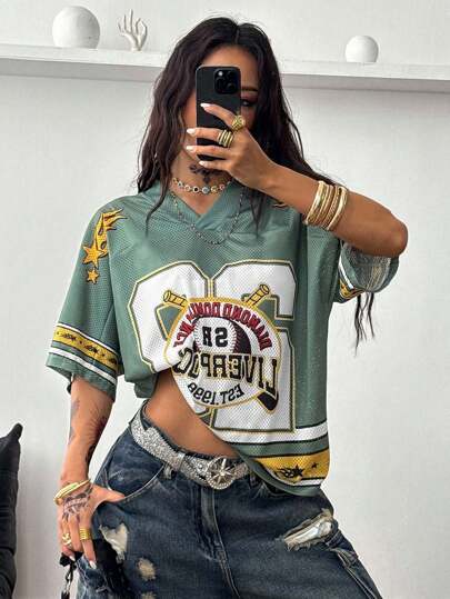 Coolane 女款春夏 Y2K 街头风复古透气网眼图案足球 T 恤