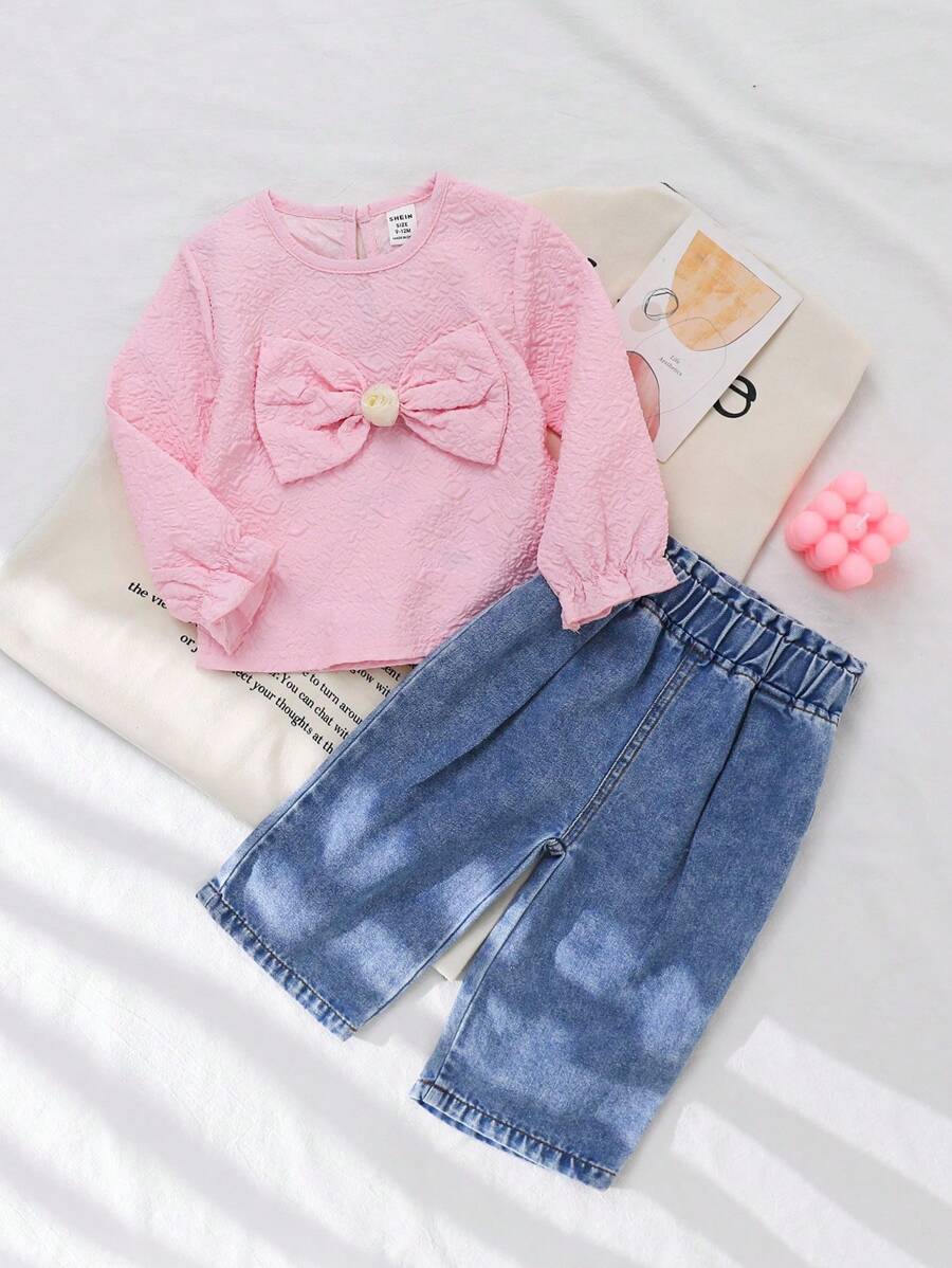 SHEIN 女宝宝时尚提花蝴蝶结装饰长袖套装+斜挎包 - 粉色 - 查看 1