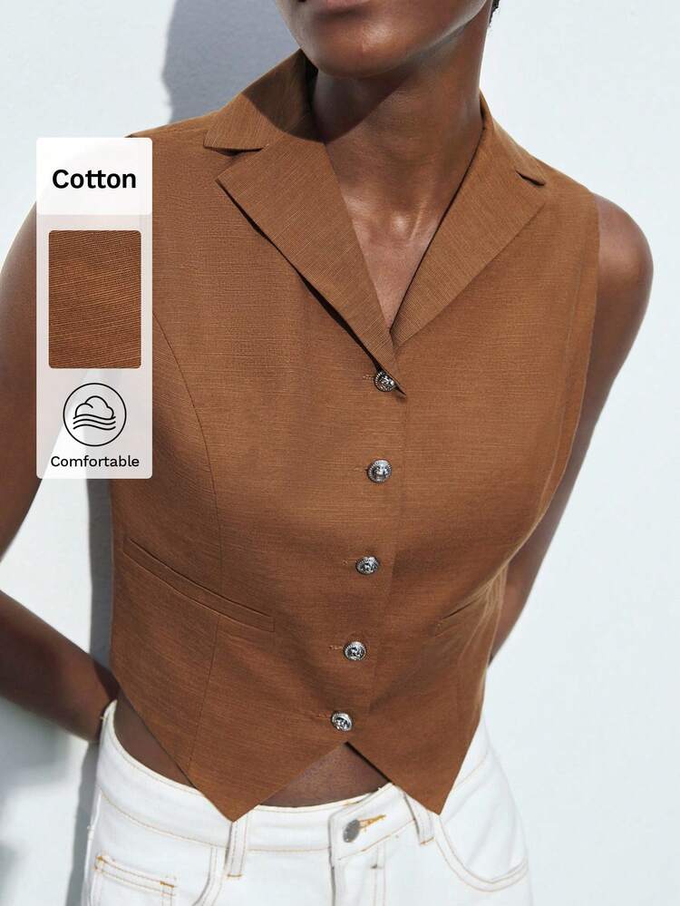 SHEIN Maija 2025 Spring/Summer New Versatile Lightweight High-End Collar Metal Button Decorative Retro Style Sleeveless Vest For Women, Suitable For Casual/Office Wear, Picnic, Music Festival, Back To School, Mother's Day Business Casual Woman Western Airport For Women
