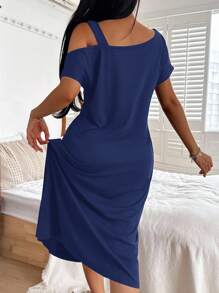 SHEIN 休闲蓝色针织睡裙，字母印花，不对称领口，Moo Moo - 藍色 - 查看 2