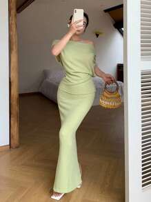 Modelyn 2 Stück/Set grüne gestrickte geraffte asymmetrische Schulter Bluse und figurbetonte Mini-Röcke