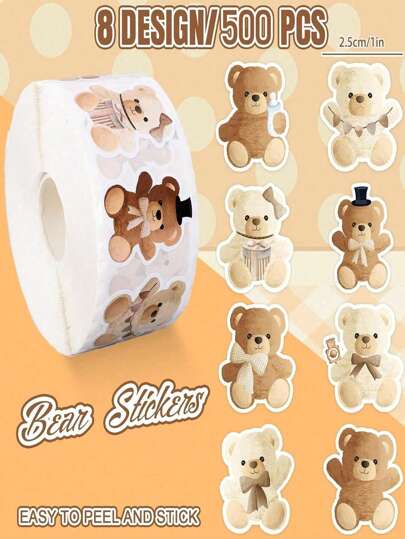SHEIN 500PCS/Roll Cute Cartoon Bear Stickers - Adhesive Animal Reward Stickers For Journals, Planners & Scrapbooks, Fun Stationery Decoration, DIY Gift Labels & Back To School Supplies (Multiple Styles)