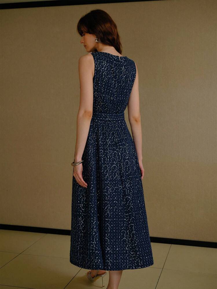 ALL OVER PRINT DENIM MIDI DRESS WITH BELT