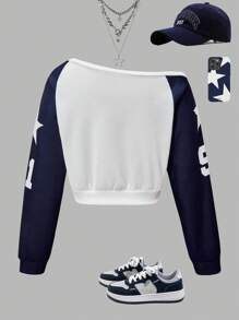 Sparklyn 少女不对称肩部91号星星图案卫衣，秋季