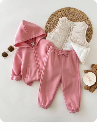 SHEIN Babygirl Cute Pink Long Sleeve Sweatshirt & Fleece Jacket Set, Autumn/Winter