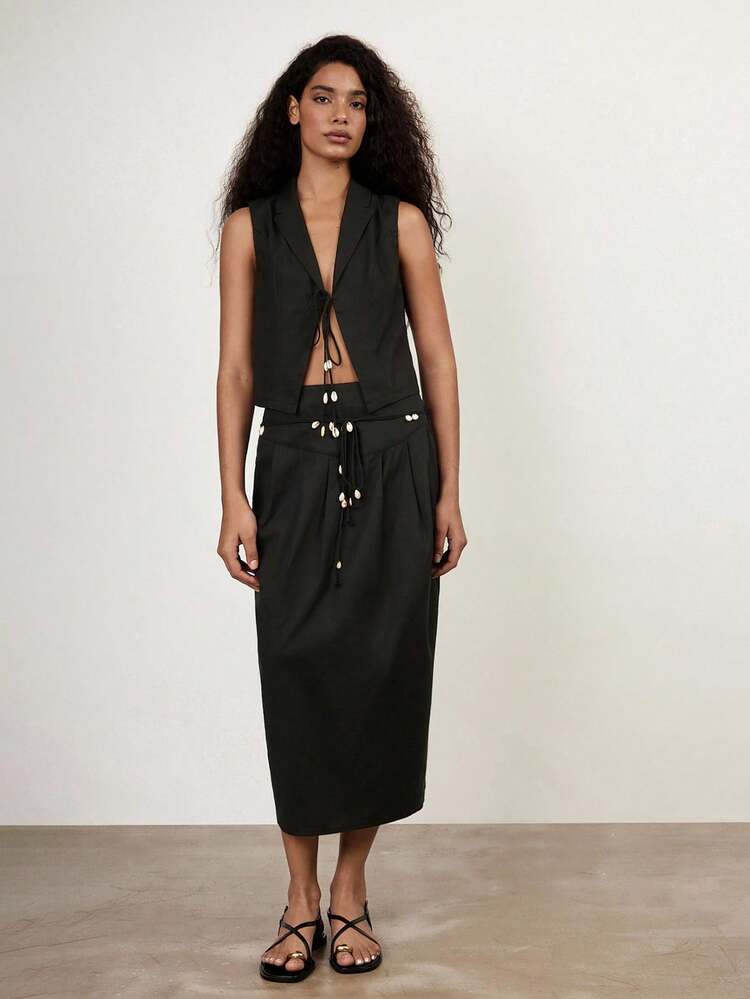 SHEIN Maija 2025 Lato Nowe Przednie Zapięcie Metalowa Muszla i Kokarda Ozdobny Kołnierz Wiązany Pasek Plaża Wakacje Swobodny Romantyczny Miejski Ośrodek Odpowiedni Na Wyjścia, Imprezy, Wesela, Ukończenia Szkoły Damska Kamizelka Top