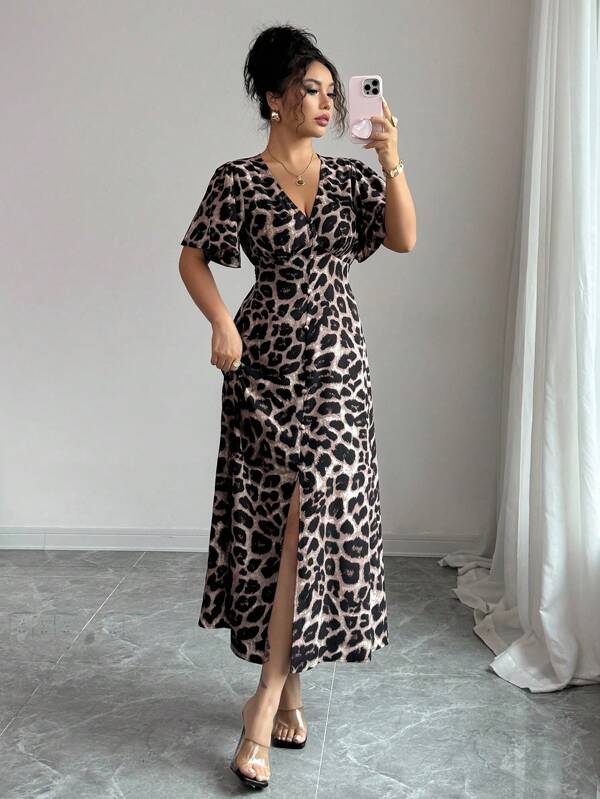 Elenzga Women's Elegant Chic Minimalist High-End Casual Dress, Suitable For Office, Commute, Beach, Music Festival, Afternoon Tea, French Riviera Style, With Leopard Print, V-Neck, Waist Tie, Button Decor, A-Line Hem, Split, Puff Sleeve, Mid-Length