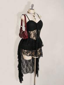 SHEIN ICON 加大码黑色 V 领荷叶边前短后长吊带裙，Y2K 性感细肩带荷叶边下摆连衣裙 - 黑色 - 查看 4