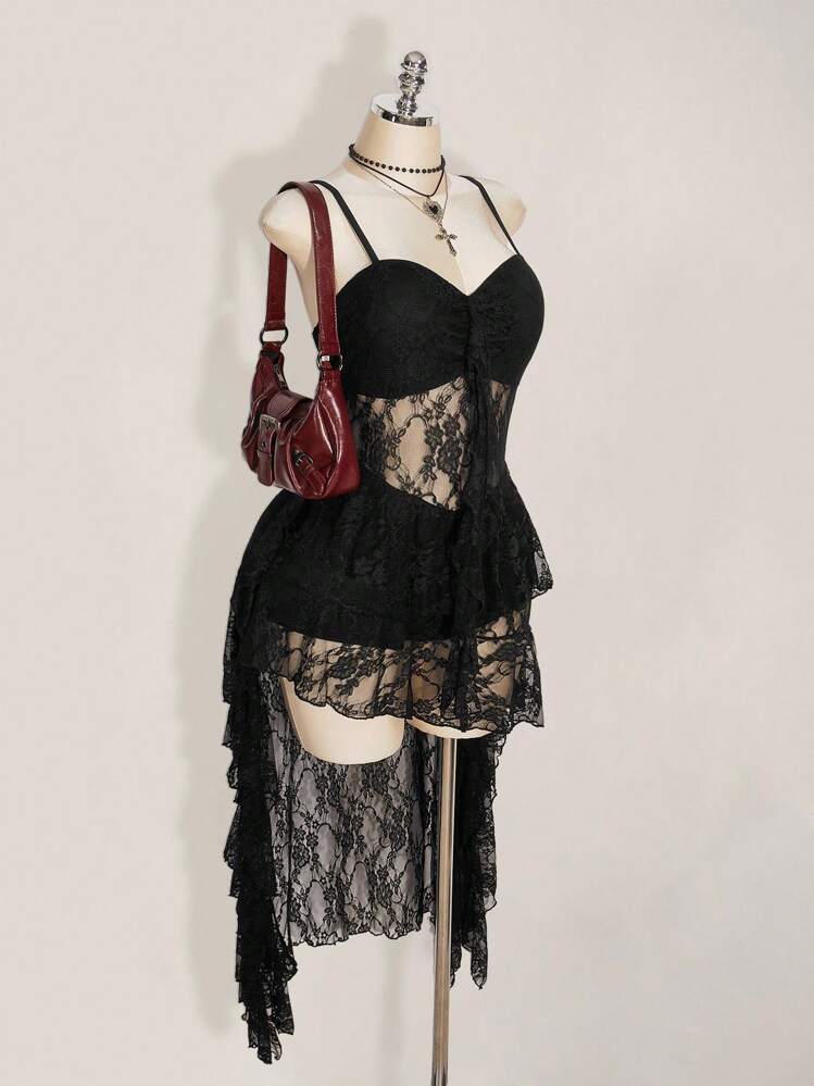 SHEIN ICON Vestido corto con escote en V y espalda larga con ribete delantero, tirantes sexy tipo Y2K para tallas grandes - Negro - Añade 4